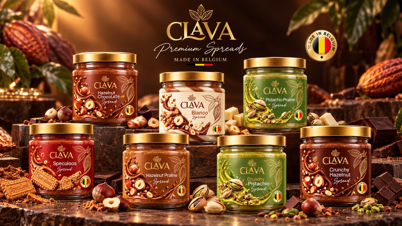 Clava Premium Spreads — seven gourmet jars made in Belgium
